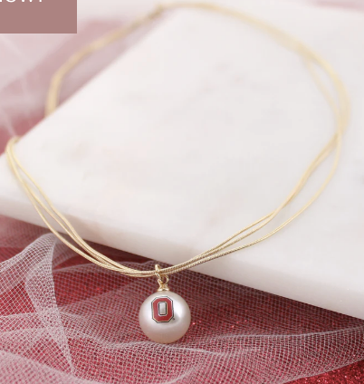Collegiate 3 Strand Gold Necklace with Pearl Pendant Logo