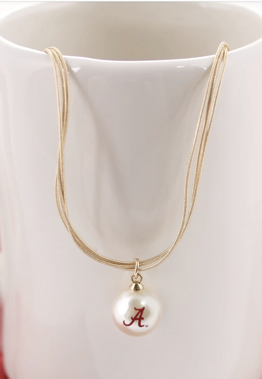Collegiate 3 Strand Gold Necklace with Pearl Pendant Logo