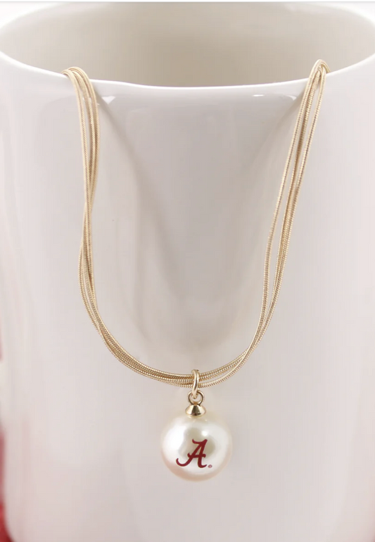 Collegiate 3 Strand Gold Necklace with Pearl Pendant Logo