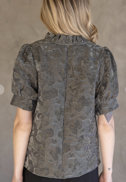 Charcoal Floral Ruffled V-neckTextured Velvet Top
