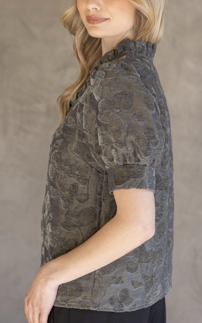 Charcoal Floral Ruffled V-neckTextured Velvet Top