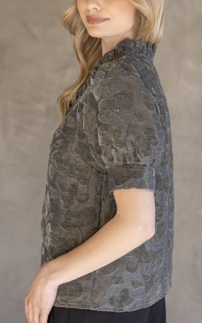 Charcoal Floral Ruffled V-neckTextured Velvet Top