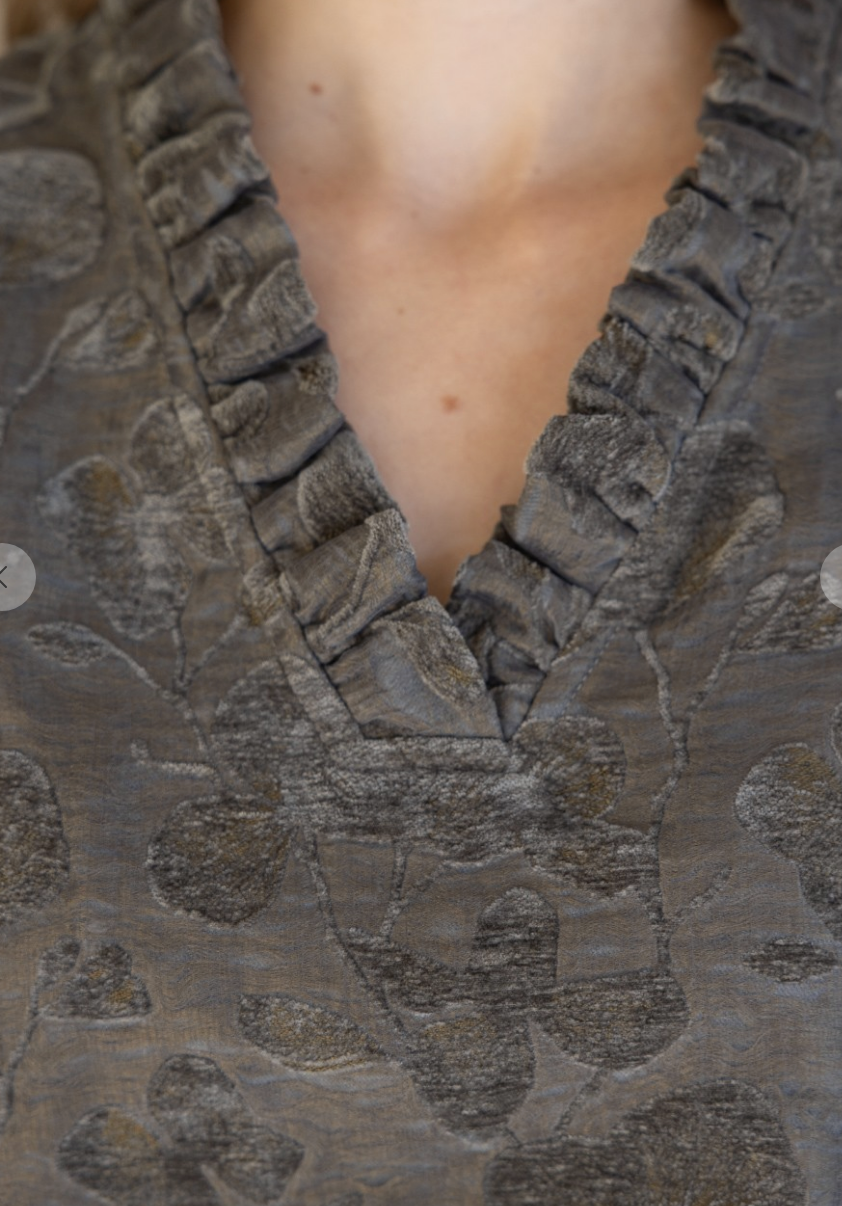 Charcoal Floral Ruffled V-neckTextured Velvet Top
