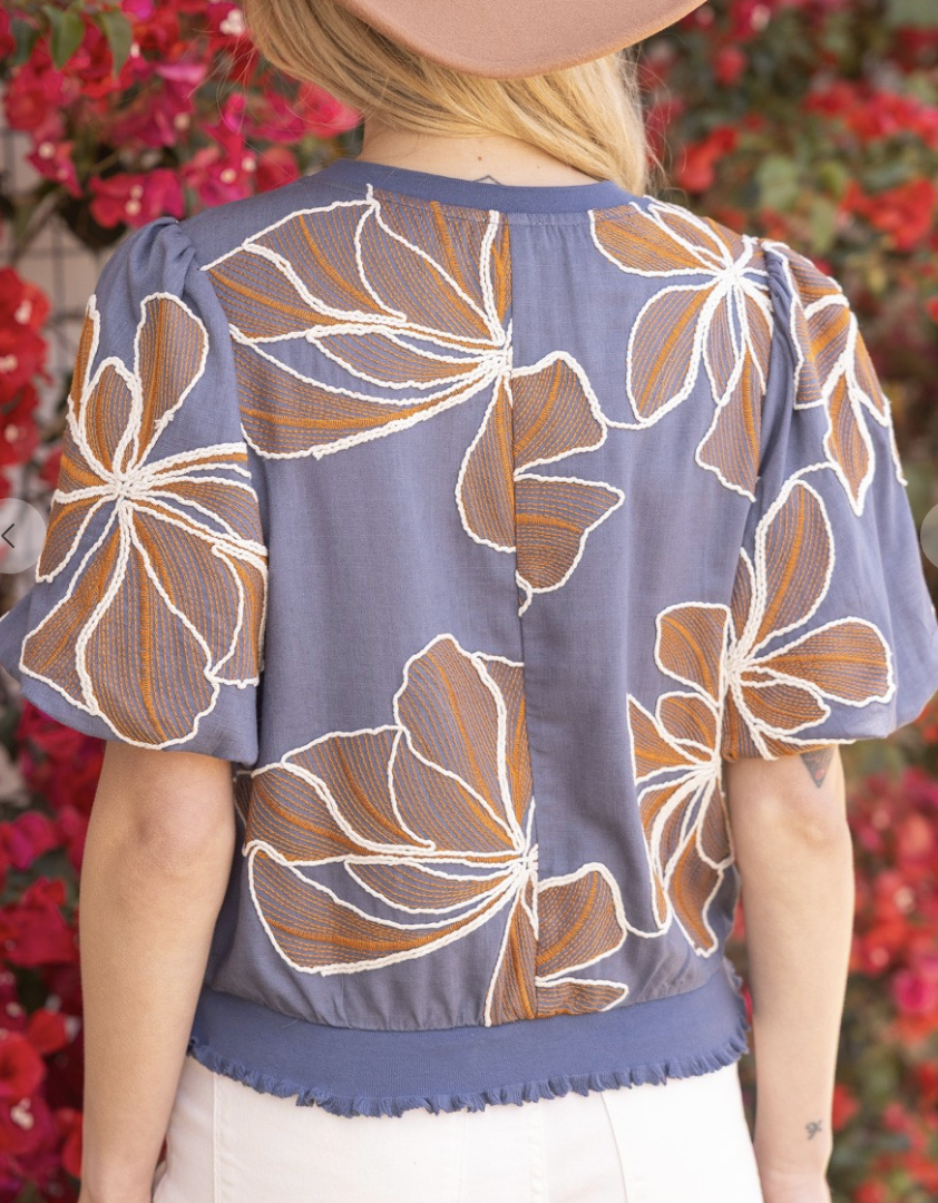 Contrast Band Detailed Navy Floral Embroidered Top