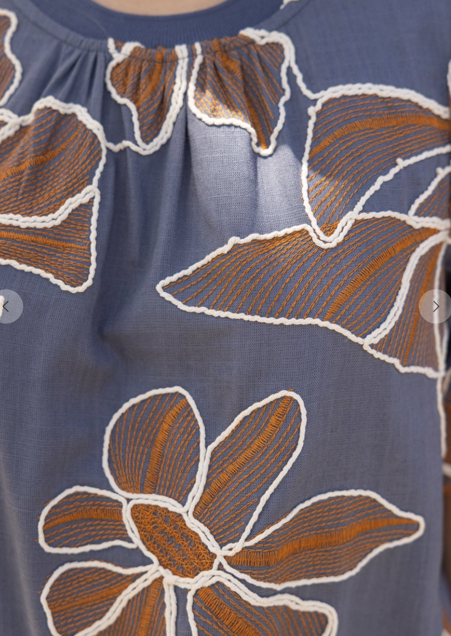 Contrast Band Detailed Navy Floral Embroidered Top