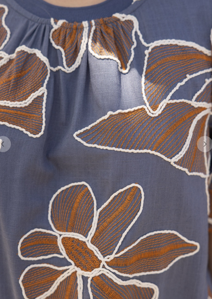Contrast Band Detailed Navy Floral Embroidered Top
