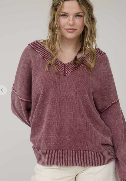 Washed V Neck Oversized Sweater/ 3 colors