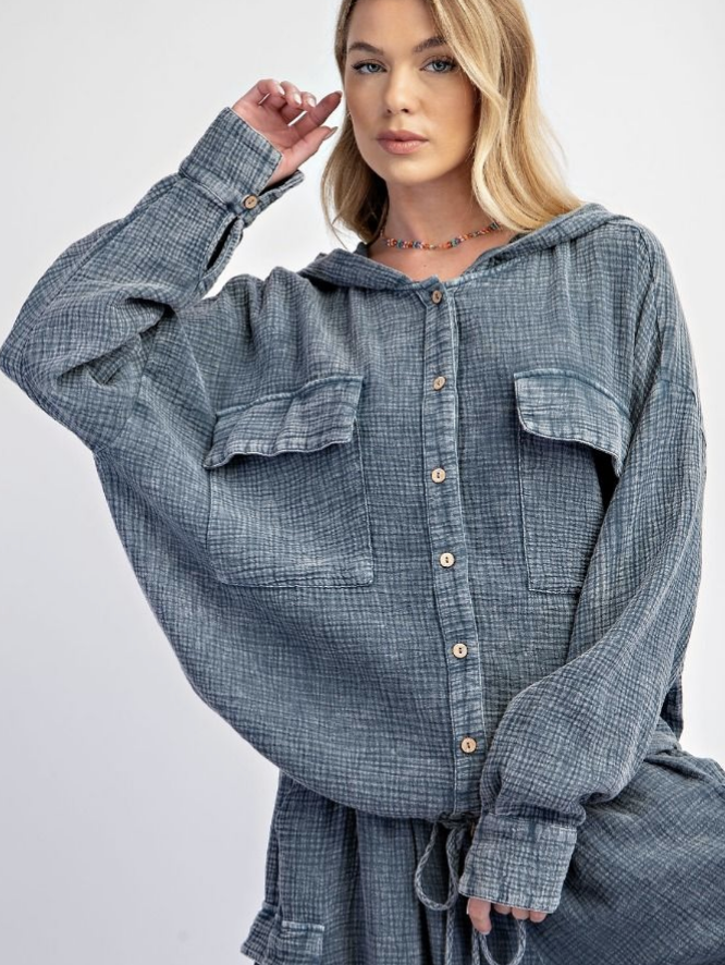 Button-Down Cotton Gauze Hoodie-2 colors