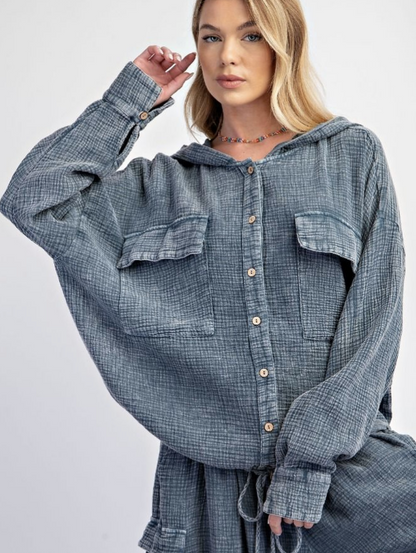 Button-Down Cotton Gauze Hoodie-2 colors