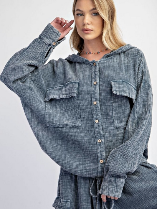 Button-Down Cotton Gauze Hoodie-2 colors