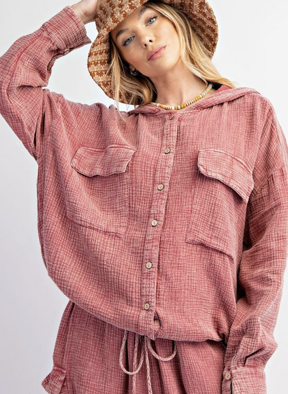 Button-Down Cotton Gauze Hoodie-2 colors