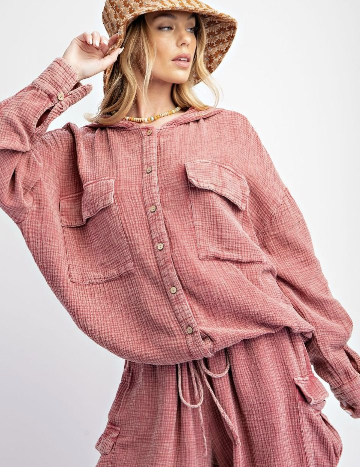 Button-Down Cotton Gauze Hoodie-2 colors