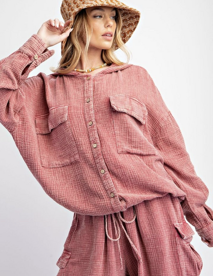 Button-Down Cotton Gauze Hoodie-2 colors