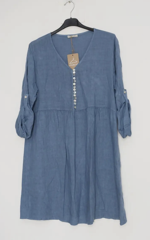 Rolled Sleeve Button V Neck Detail Linen Dress-5 colors