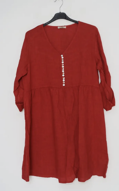 Rolled Sleeve Button V Neck Detail Linen Dress-5 colors