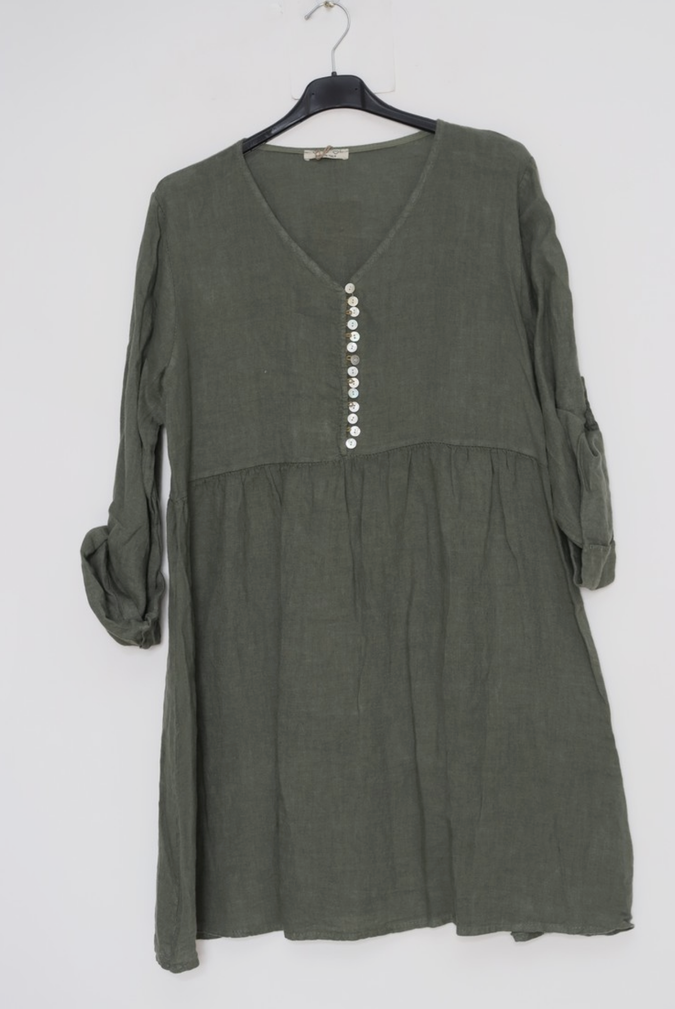 Rolled Sleeve Button V Neck Detail Linen Dress-5 colors