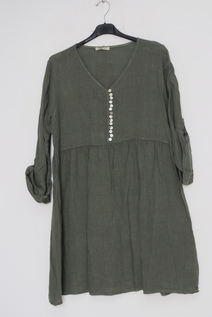 Rolled Sleeve Button V Neck Detail Linen Dress-5 colors