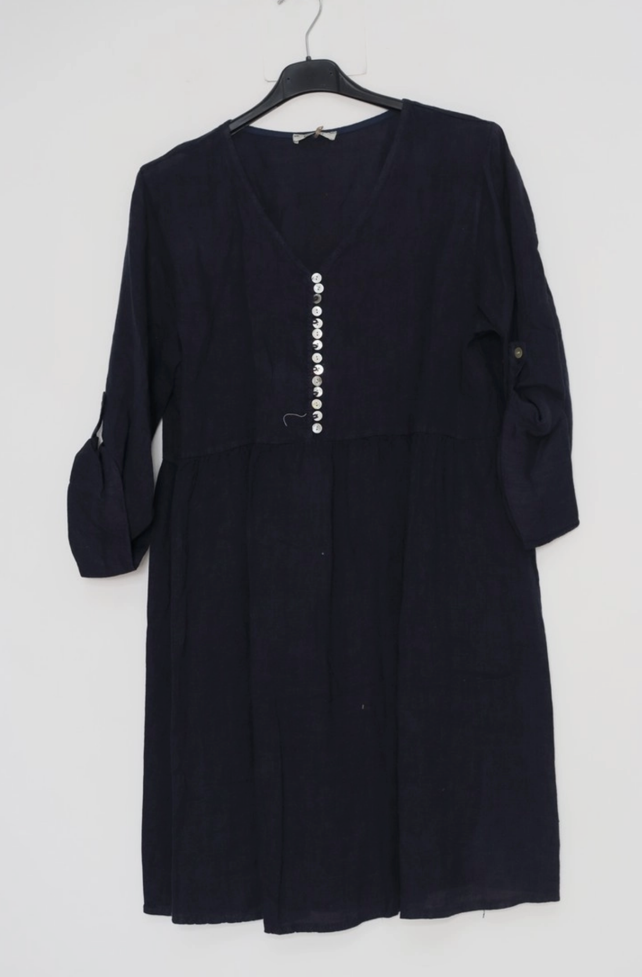 Rolled Sleeve Button V Neck Detail Linen Dress-5 colors