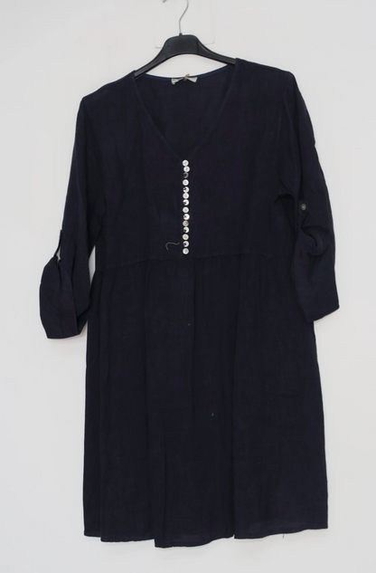 Rolled Sleeve Button V Neck Detail Linen Dress-5 colors
