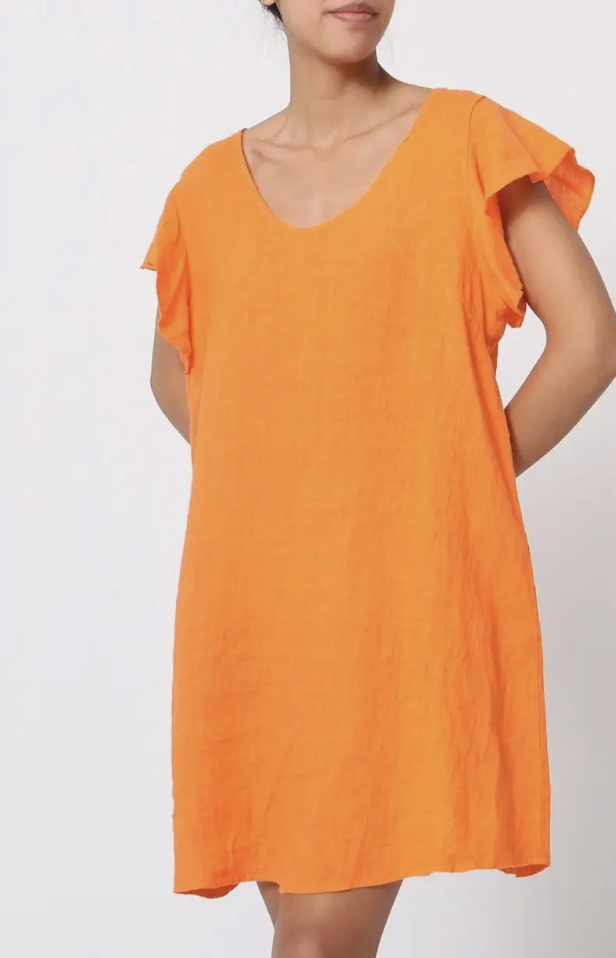 Round Neck Flutter Sleeve Shift Linen Dress- 5 colors