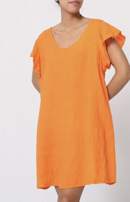 Round Neck Flutter Sleeve Shift Linen Dress- 5 colors