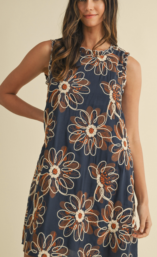Navy Floral Embroidered Sleeveless Dress
