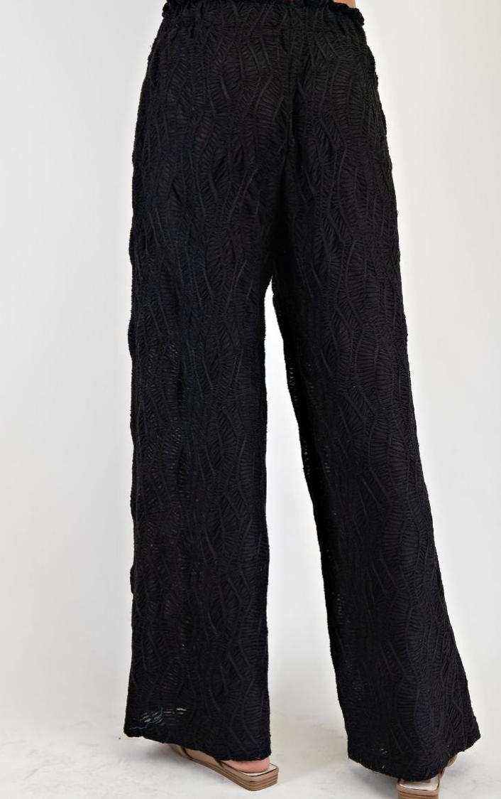 Black Textured Knit Wide Leg Pants