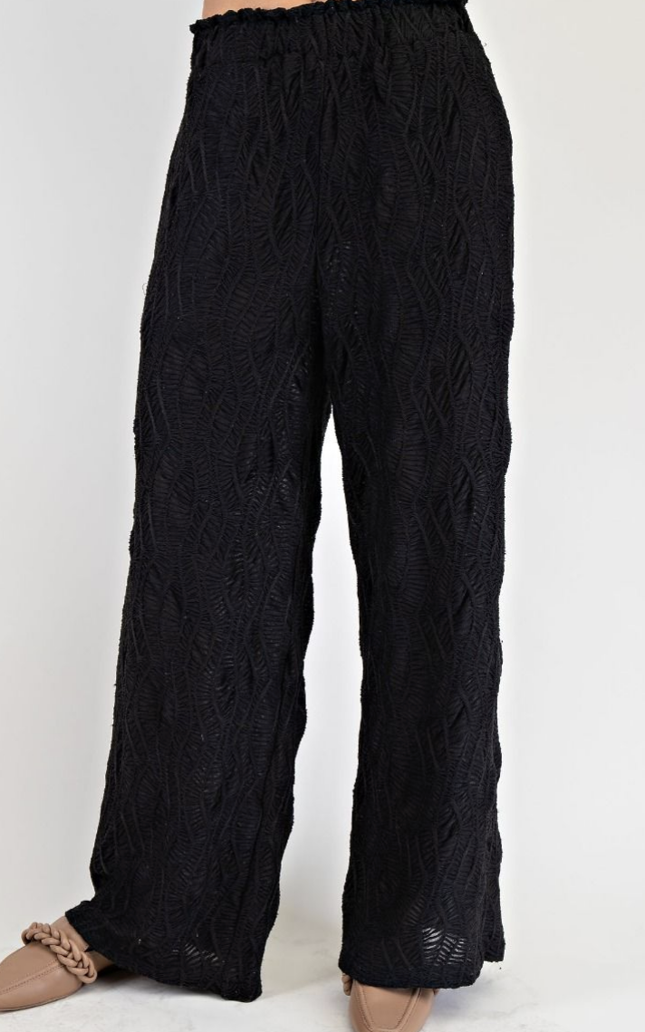 Black Textured Knit Wide Leg Pants
