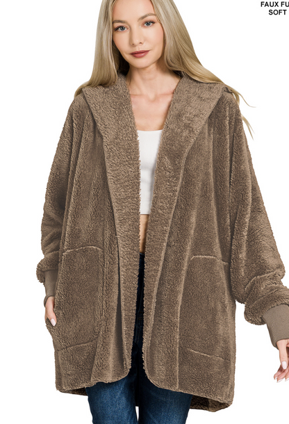 Hooded Faux Fur Jacket with Pockets / 2 colors