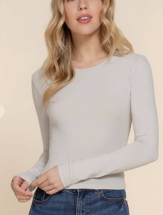 Long Sleeve Crew Neck Cotton Crop Top / 7 colors