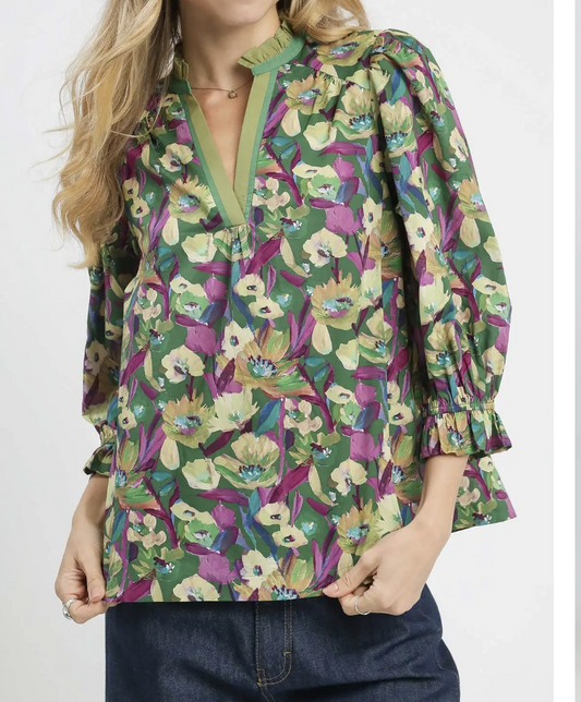 Green Floral Print Ruffle Trim Blouse
