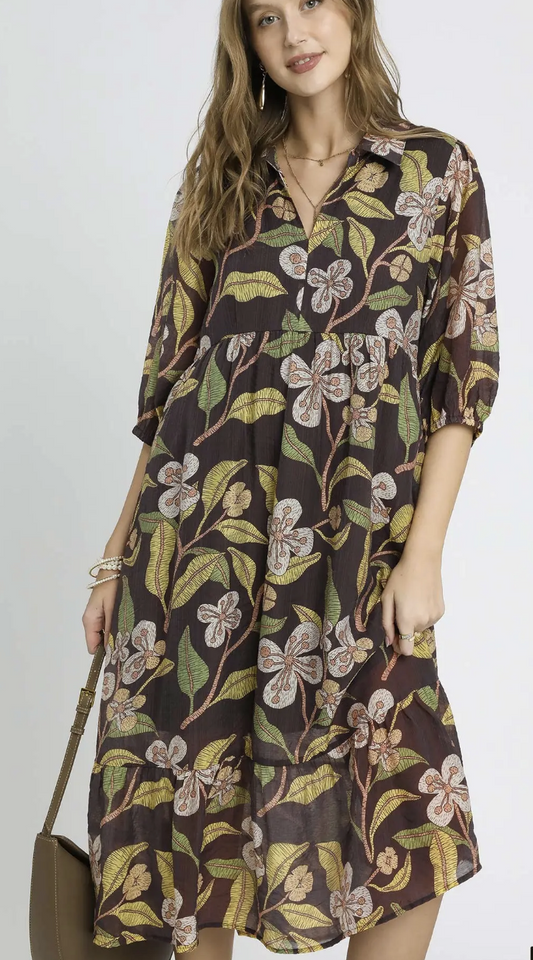 Mixed Floral Print Tiered Midi Dress