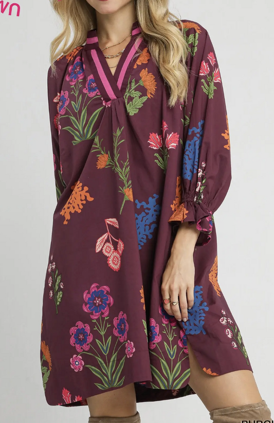 Burgundy Mix Floral Print V-Neck Shift Dress