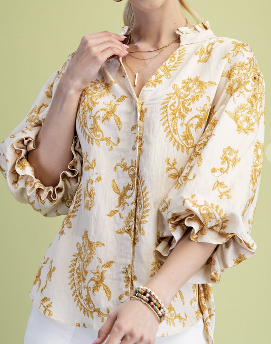 Paisley Mustard Button Front Blouse