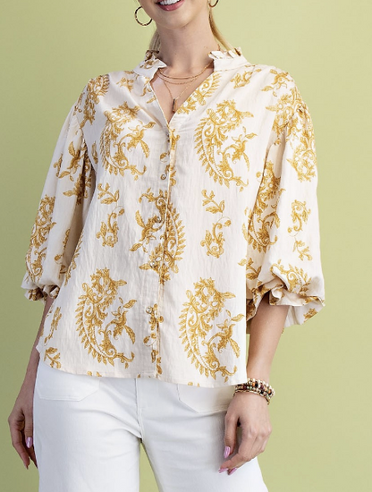 Paisley Mustard Button Front Blouse
