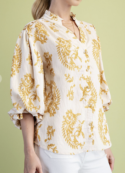 Paisley Mustard Button Front Blouse