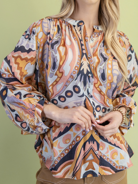 Printed Paisley Button Front Blouse