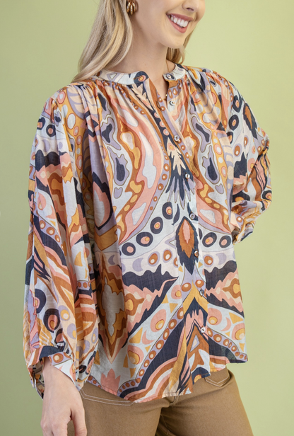 Printed Paisley Button Front Blouse