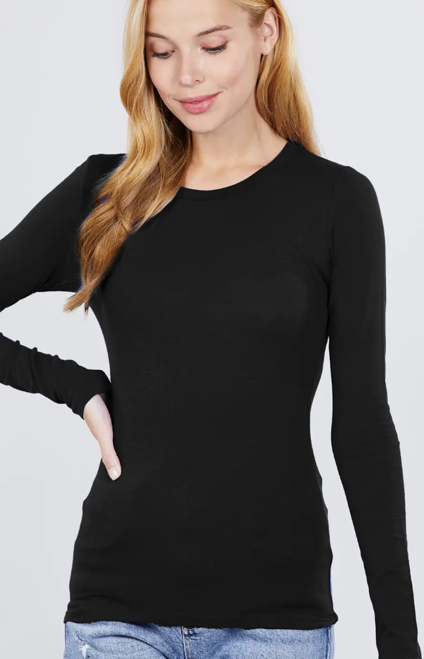 Long Sleeve Crewneck Spandex Basic Top / 3 colors