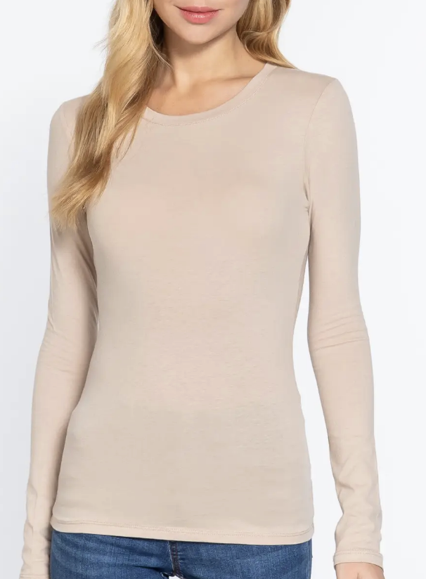 Long Sleeve Crewneck Spandex Basic Top / 3 colors