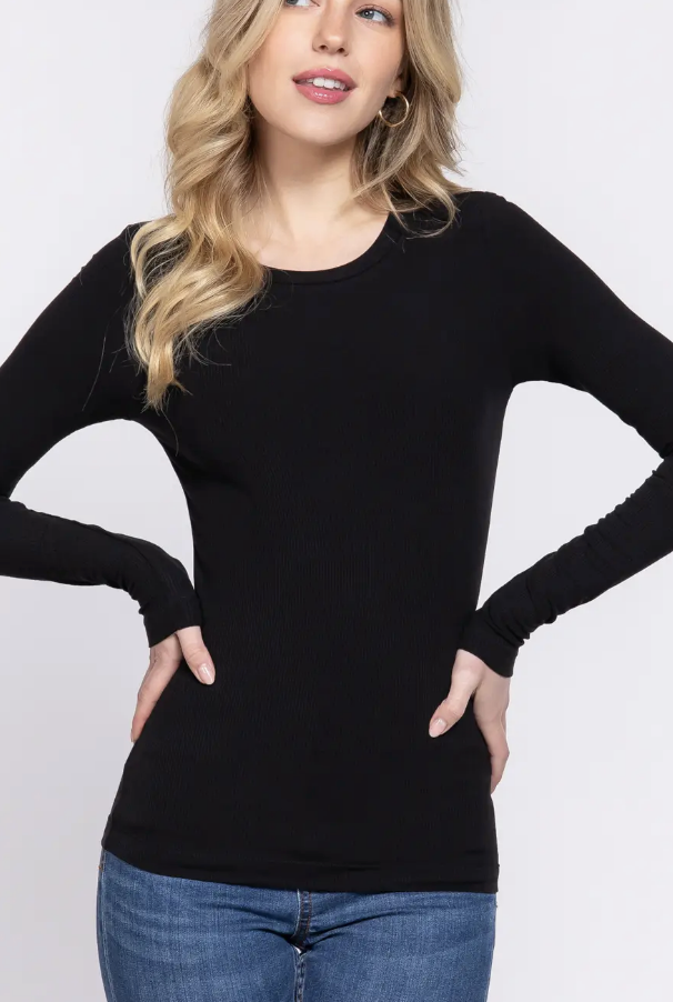 Long Sleeve Crew Neck RAYON RIB Knit Top / 3 colors