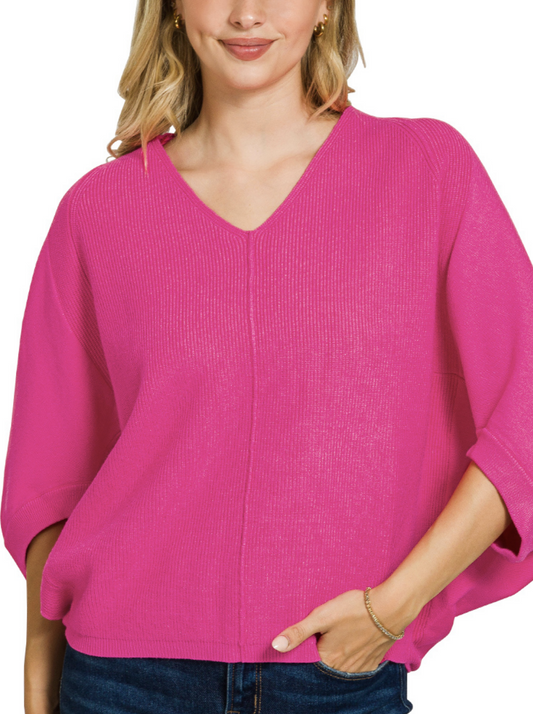 Hot Pink Viscose V Neck Dolman Sweater
