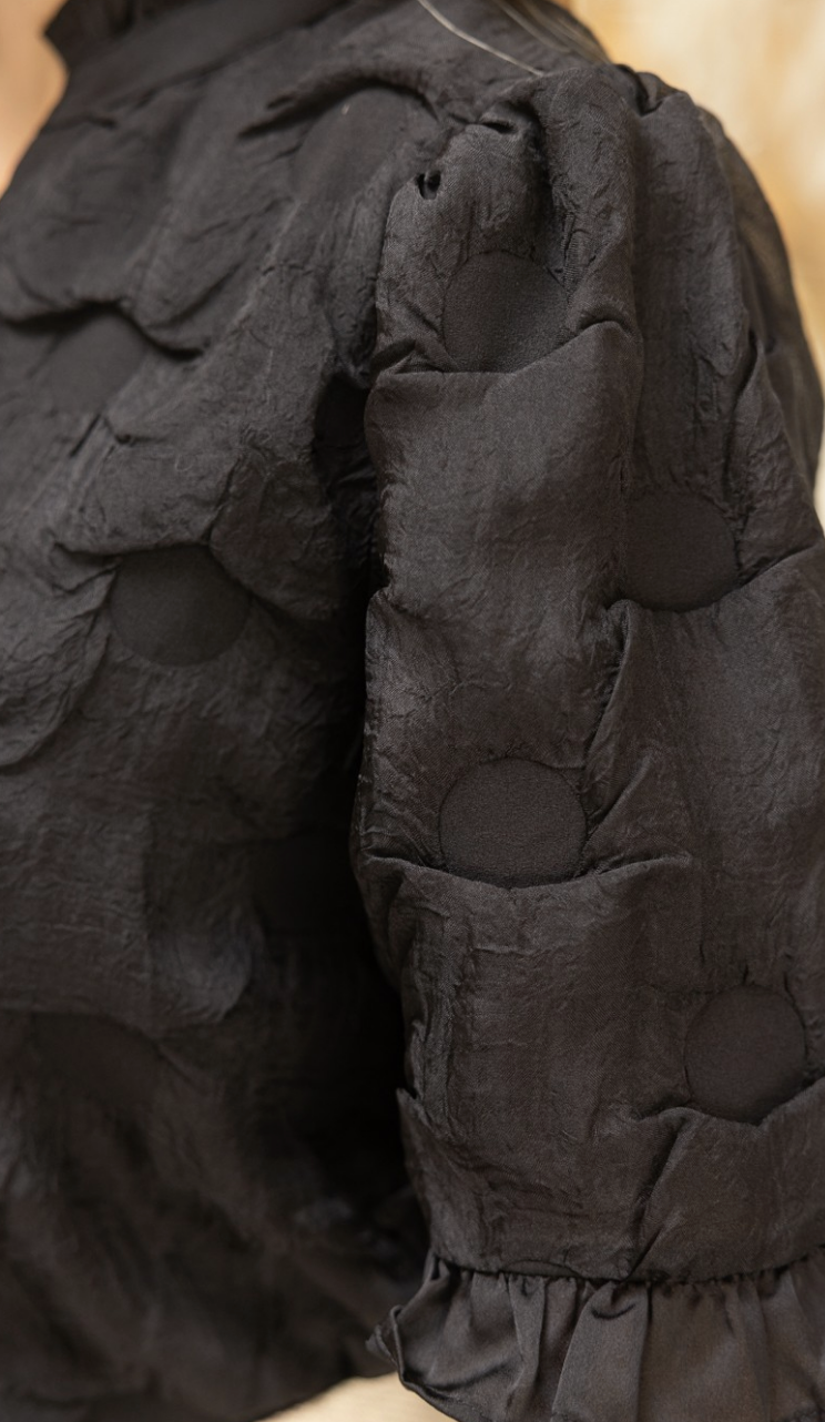 Satin Black Ruffled Detail Textured Top
