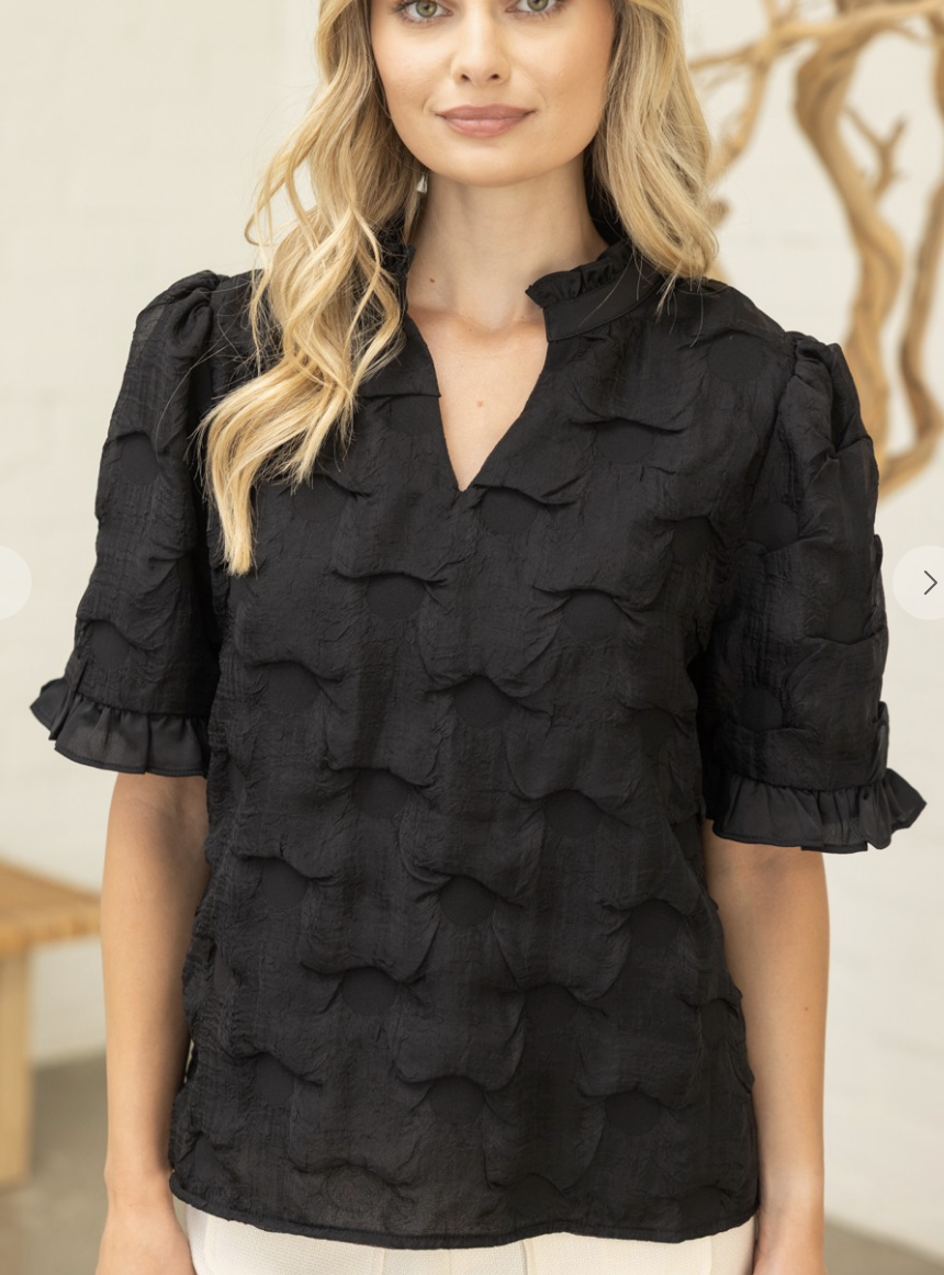 Satin Black Ruffled Detail Textured Top
