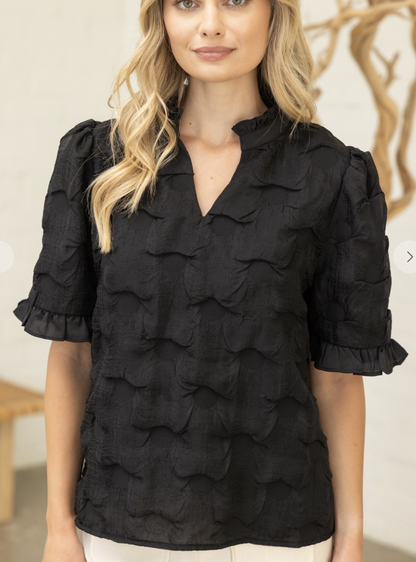 Satin Black Ruffled Detail Textured Top