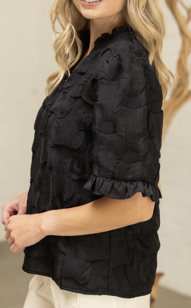 Satin Black Ruffled Detail Textured Top