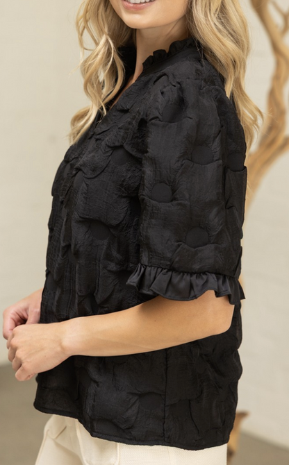Satin Black Ruffled Detail Textured Top