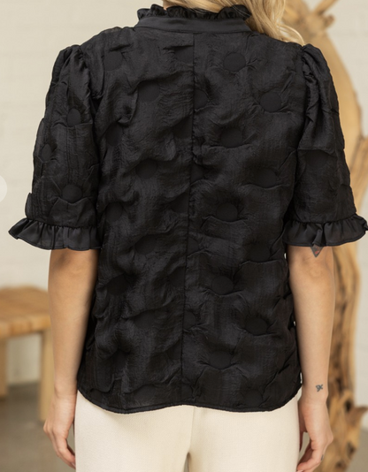 Satin Black Ruffled Detail Textured Top