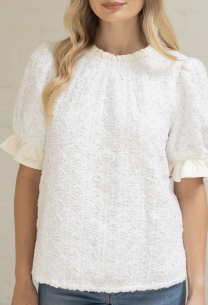 Sequin Embroidered Cream Plush Top