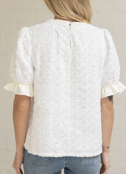 Sequin Embroidered Cream Plush Top